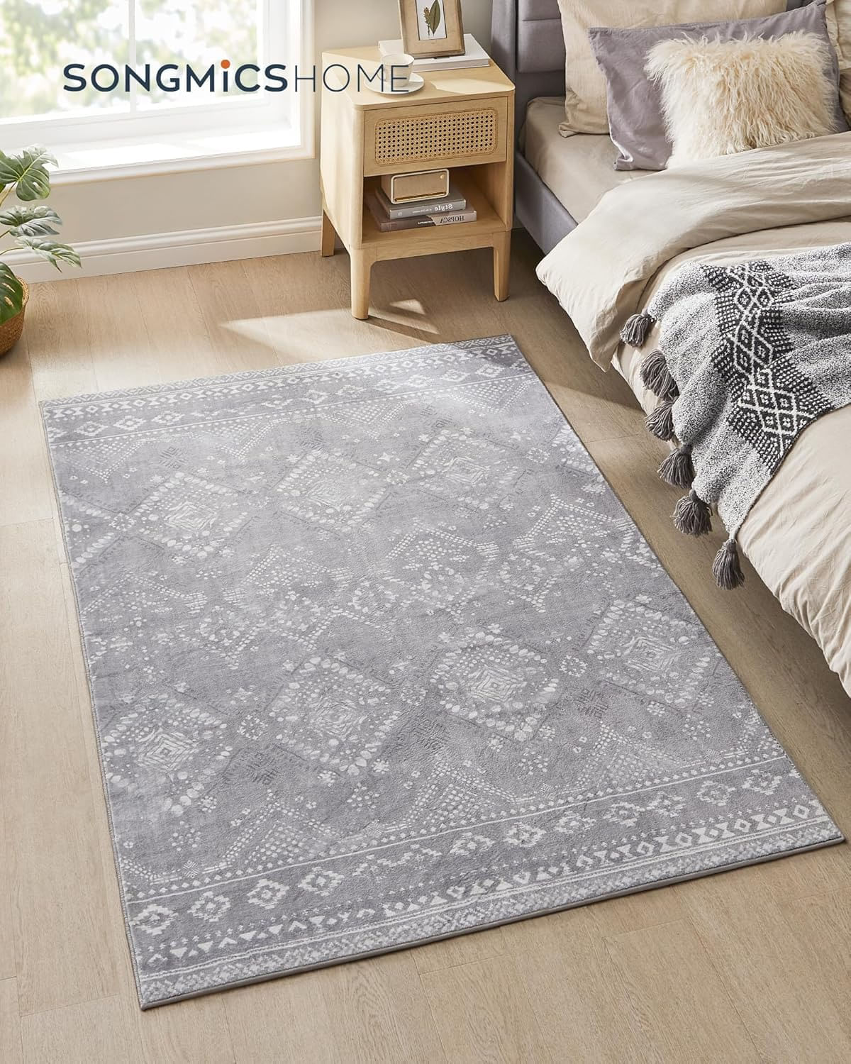 Covor decorativ antiderapant, stil boho, lavabil la masina, 120Ã—170 cm, gri — imaginea 3