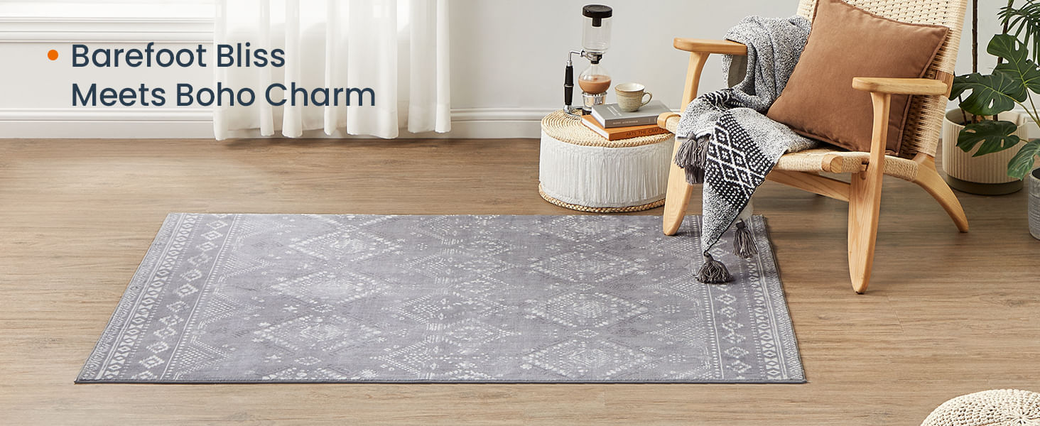 Covor decorativ antiderapant, stil boho, lavabil la masina, 120Ã—170 cm, gri — imaginea 7