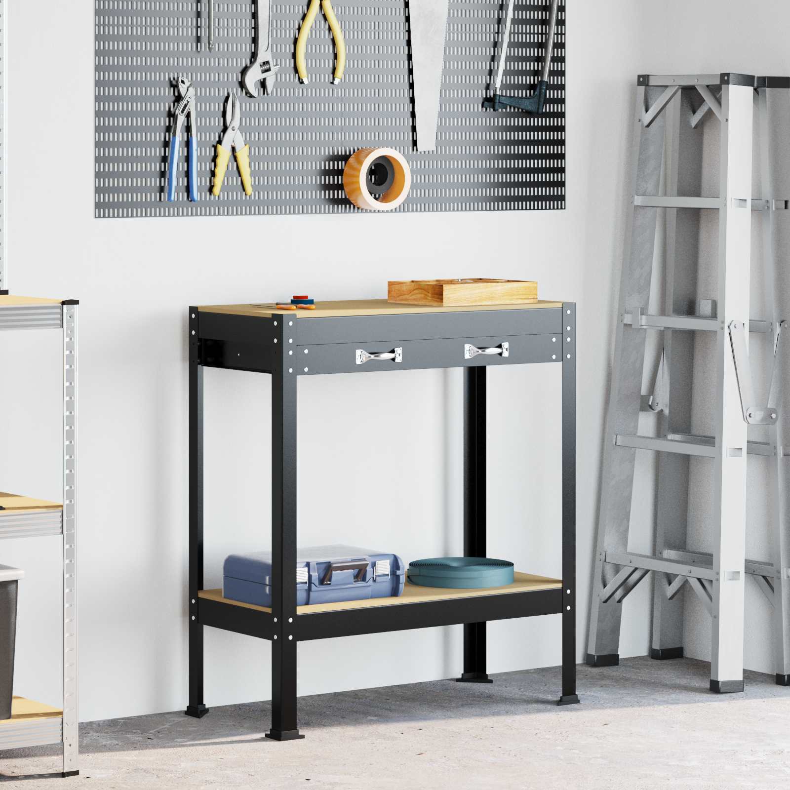 Banci de lucru cu sertar Negru 81 x 41 x 145 cm Lemn compozit — imaginea 2