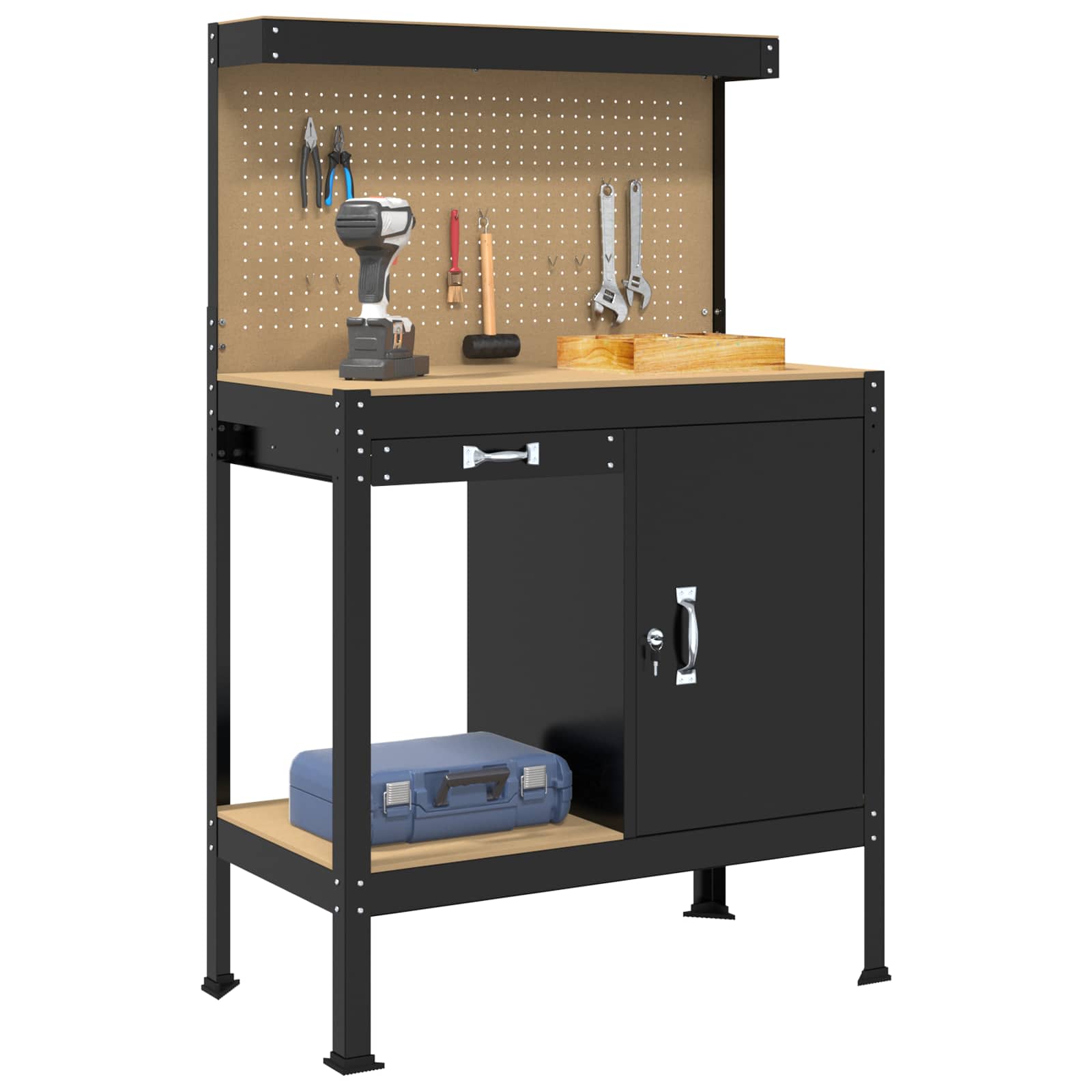 Banci de lucru cu sertar Negru 81 x 41 x 145 cm Lemn compozit — imaginea 3