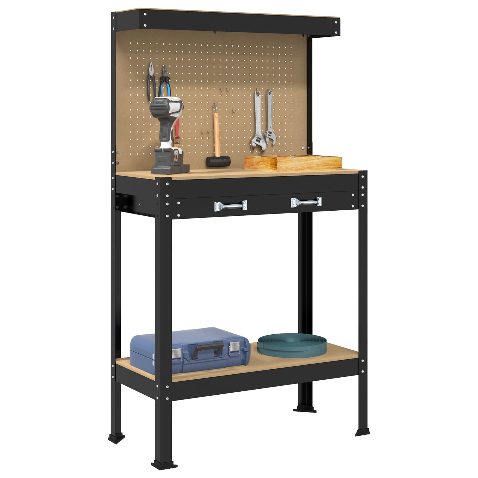 Banci de lucru cu sertar Negru 81 x 41 x 145 cm Lemn compozit — imaginea 3
