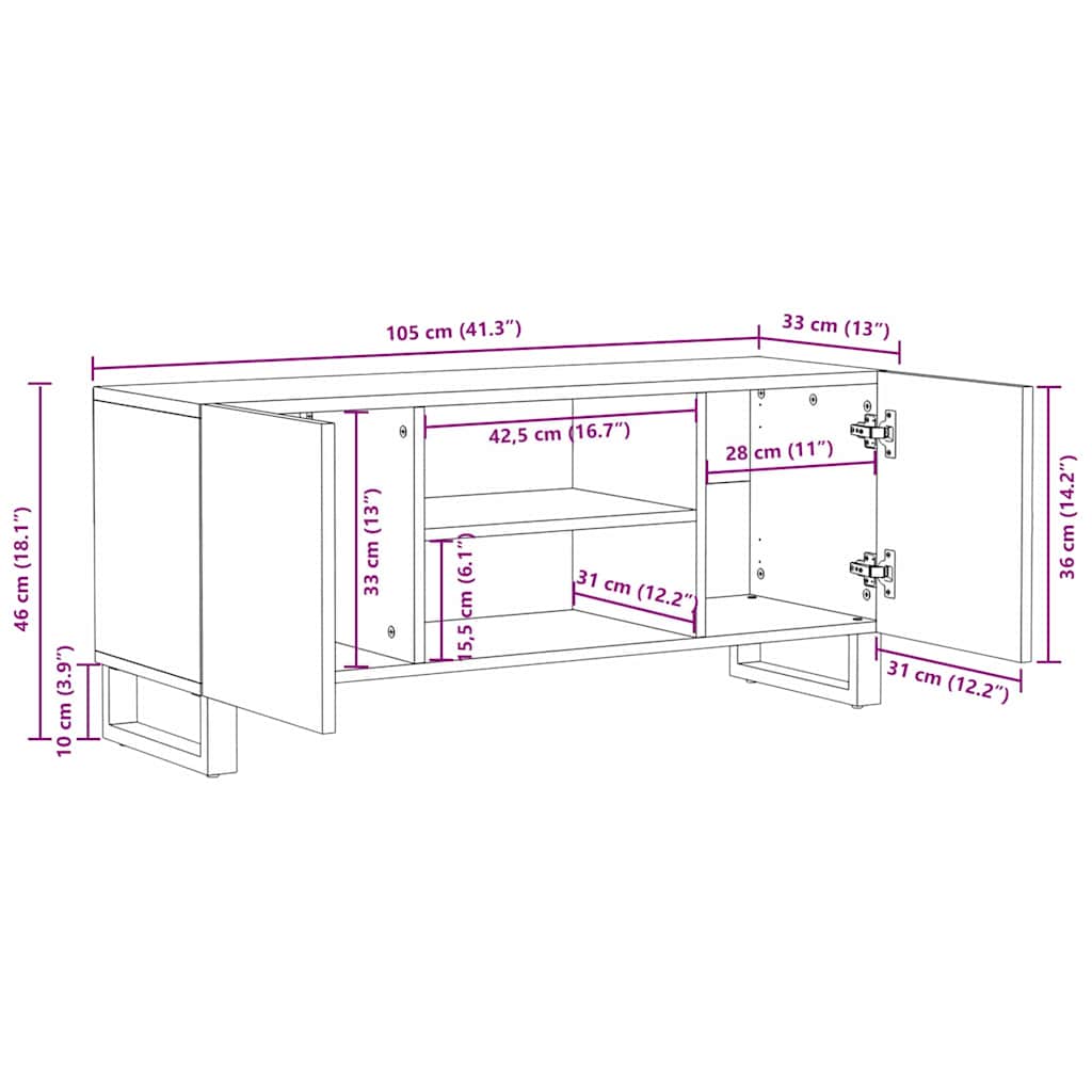 Cabinet TV cu raft Maro 105 x 33,5 x 46 cm Lemn de mango solid — imaginea 11