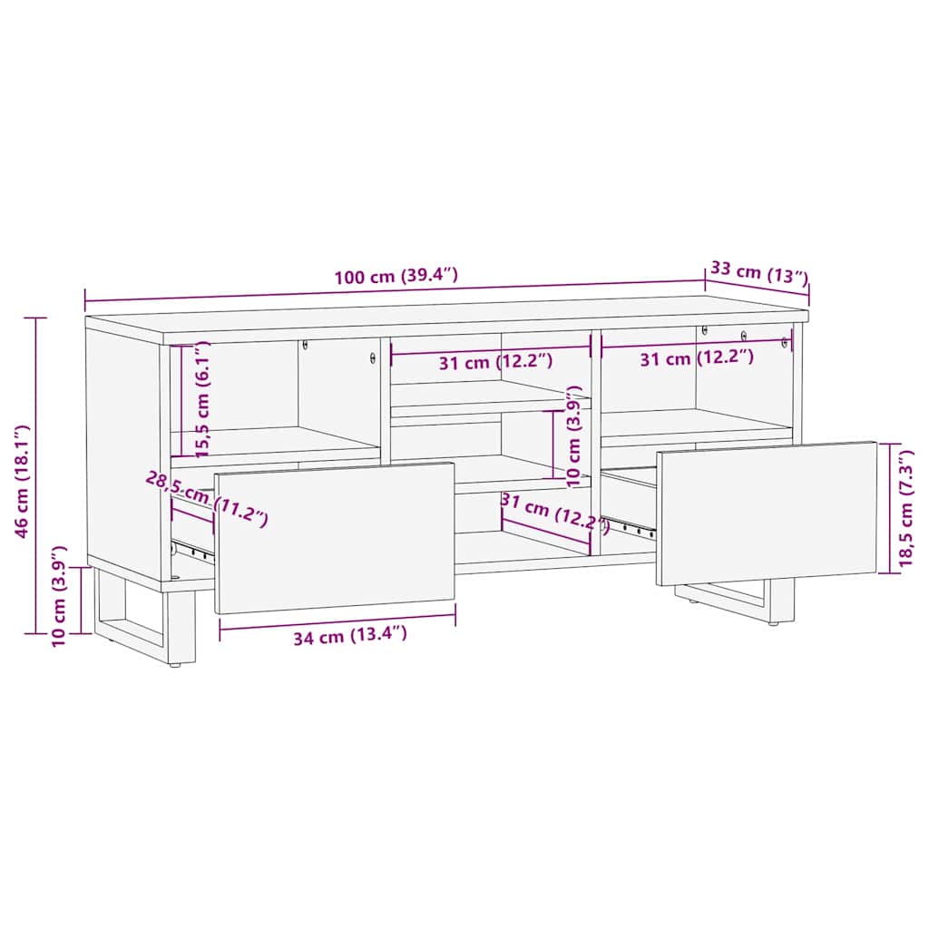 Cabinet TV cu raft Maro 100 x 33,5 x 46 cm Lemn de mango solid — imaginea 11