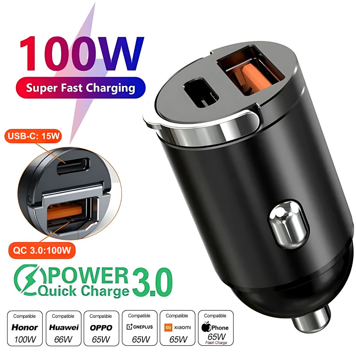Incarcator Auto Bricheta Mini Staryon® SuperFastCharge 100W, Negru