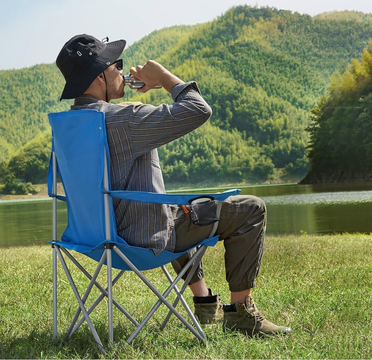 Set 2 scaune pliabile de camping sau pescuit, suport pahar, maxim 150kg, albastru — imaginea 7