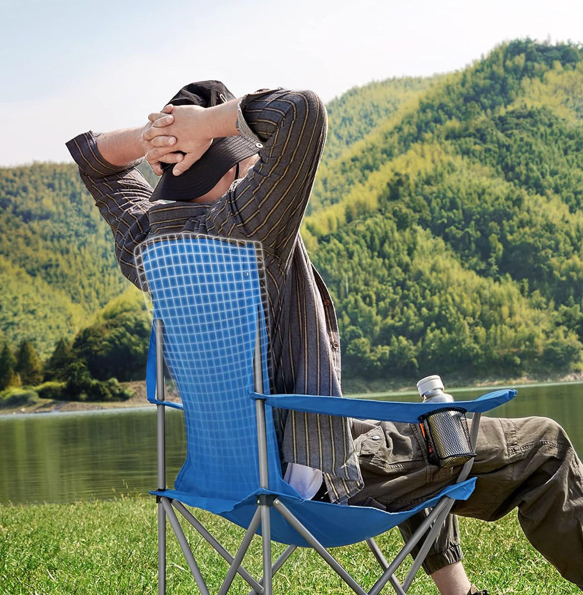 Set 2 scaune pliabile de camping sau pescuit, suport pahar, maxim 150kg, albastru — imaginea 8
