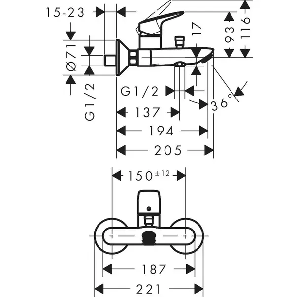 Baterie cada-dus monocomanda negru mat Hansgrohe Logis — imaginea 2