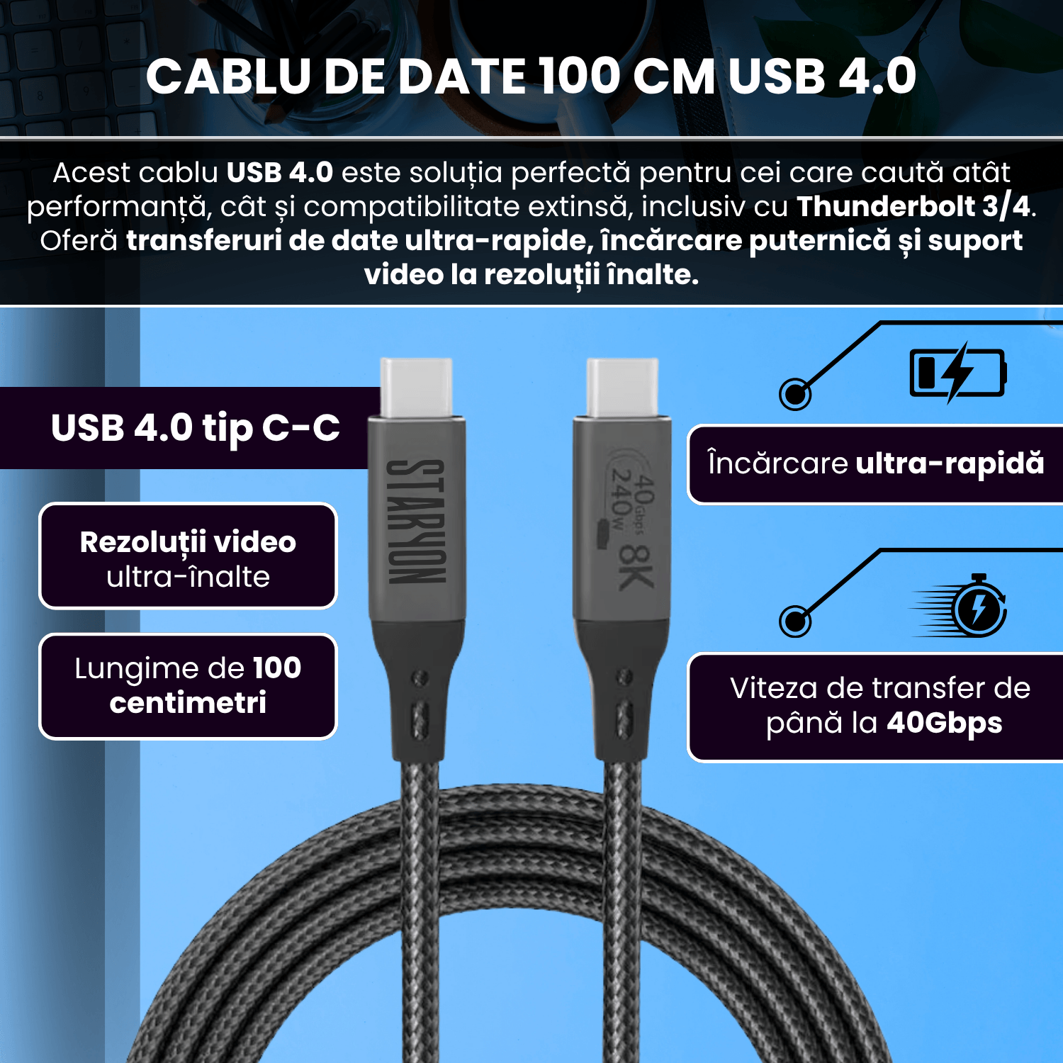 Cablu de date USB4 50 cm, USB-C la USB-C, transfer date 40Gbps, incarcare rapida 240W, suport video 8K@60Hz - imagine 2