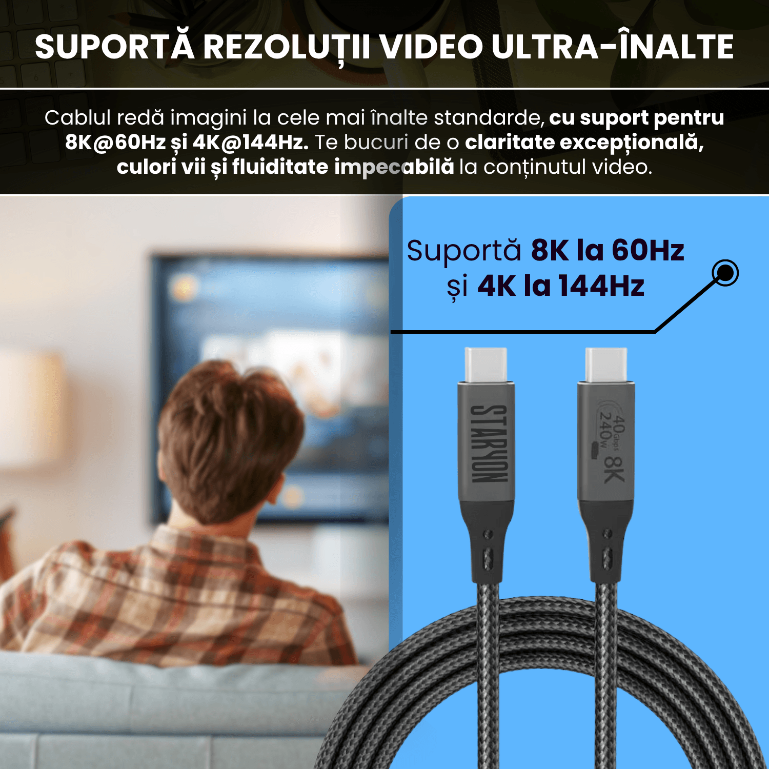 Cablu de date USB4 50 cm, USB-C la USB-C, transfer date 40Gbps, incarcare rapida 240W, suport video 8K@60Hz - imagine 3