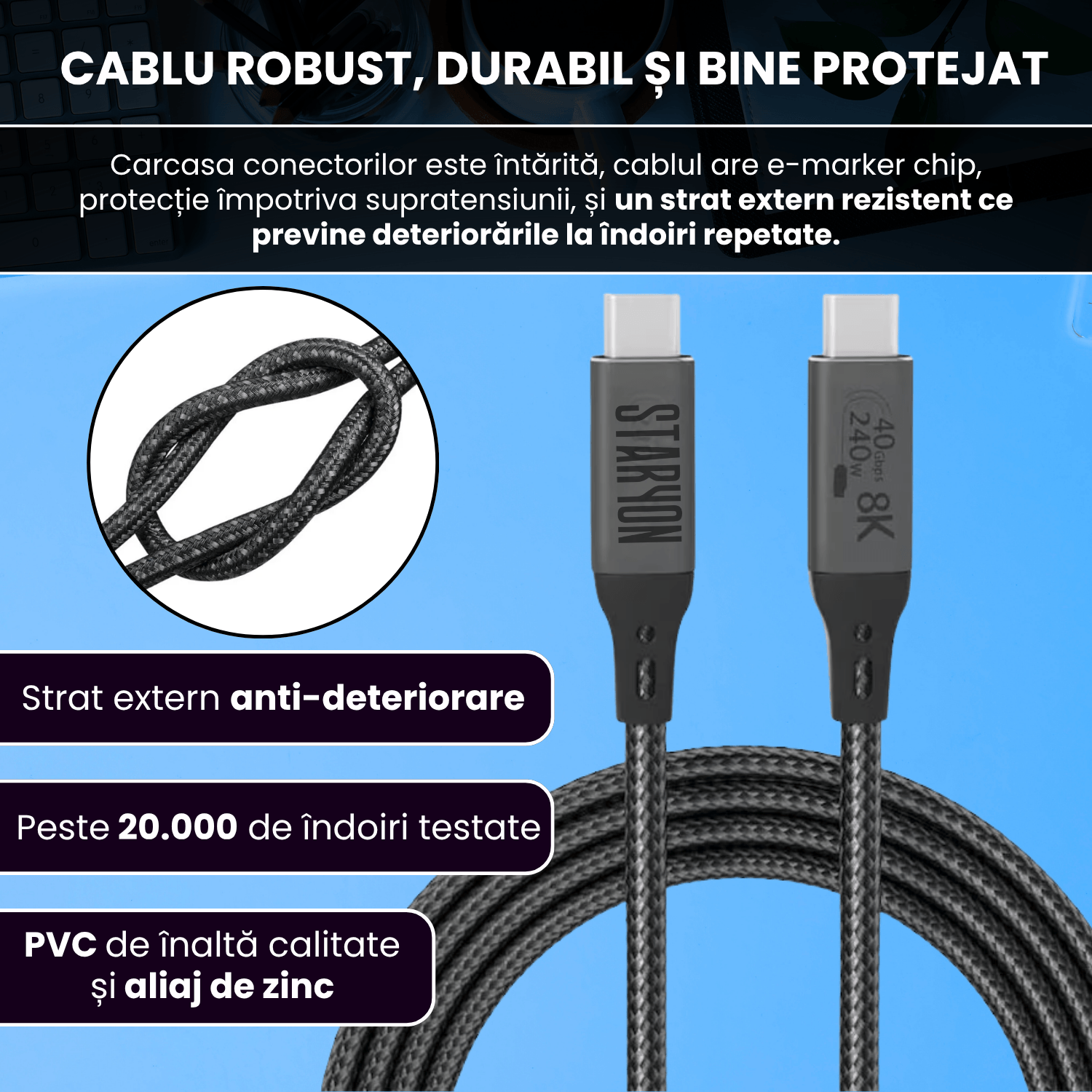 Cablu de date USB4 50 cm, USB-C la USB-C, transfer date 40Gbps, incarcare rapida 240W, suport video 8K@60Hz - imagine 4