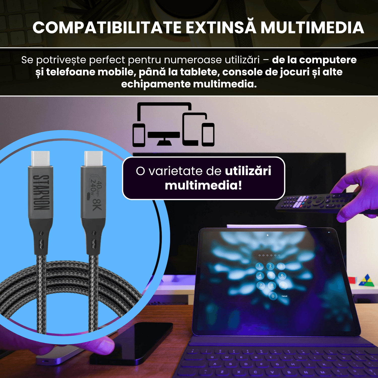 Cablu de date USB4 50 cm, USB-C la USB-C, transfer date 40Gbps, incarcare rapida 240W, suport video 8K@60Hz