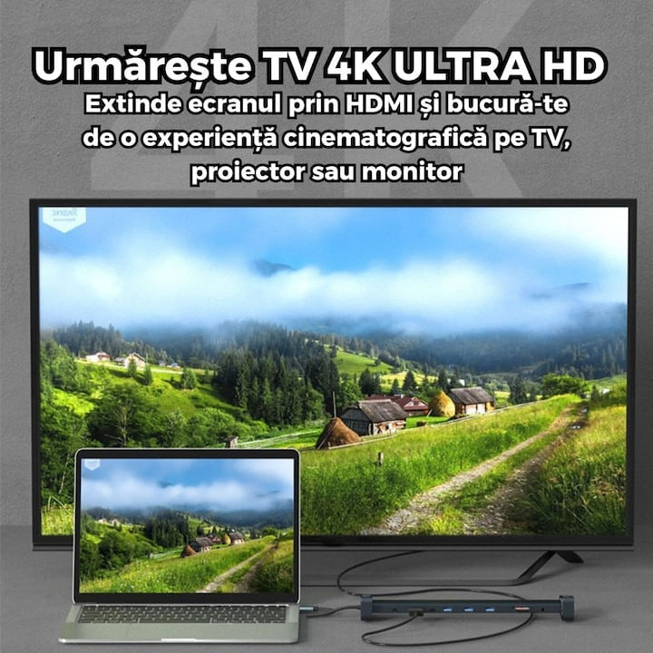 HUB USB-C 10-in-1, PRESTIGE CHARGE®, Type-C 100W, Incarcare rapida, pentru Laptop, Tableta si Alte Dispozitive USB-C