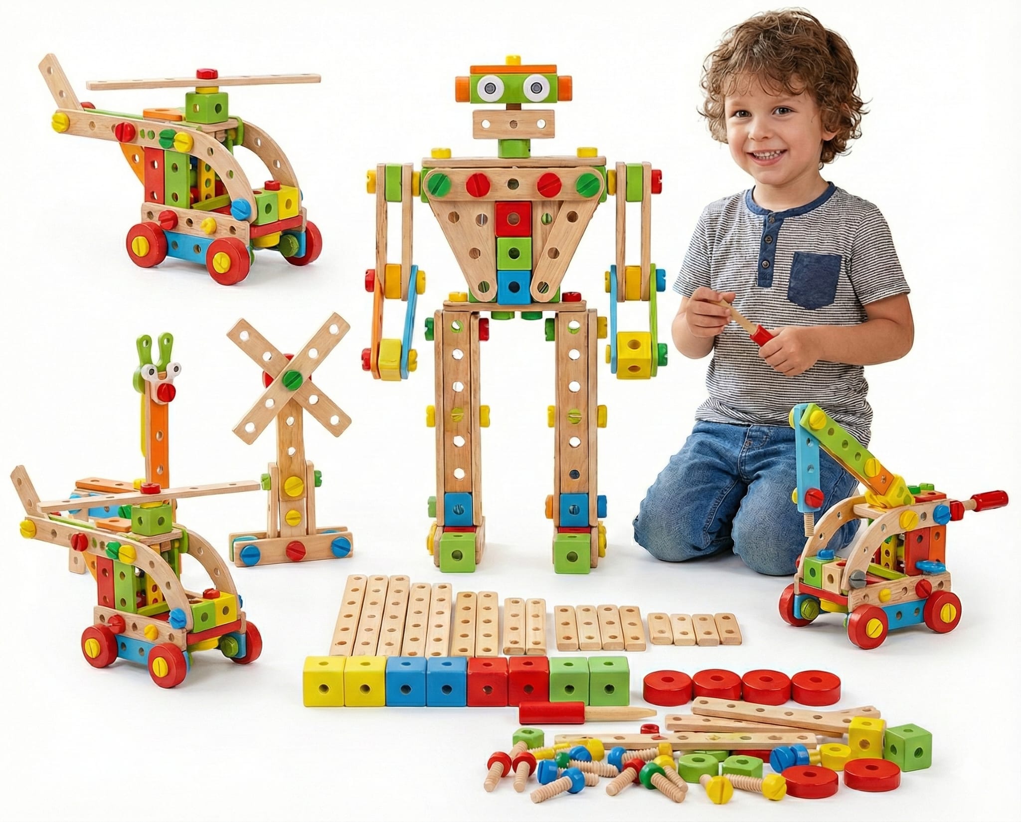 Set Constructie din Lemn 73 Piese Auraliv® – Jucarie Montessori DIY, Creativitate & Constructii 3D