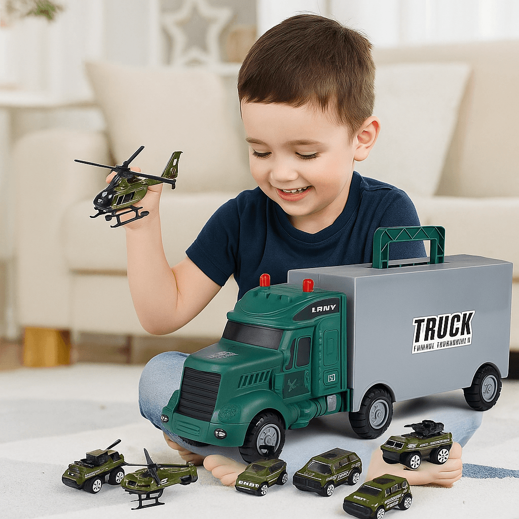 Set Camion Militar cu 7 Piese, Mini Vehicule, Covoras de Joaca, Sunet si Lumina, Jucarie pentru Copii 8–12 ani, Brivoo®
