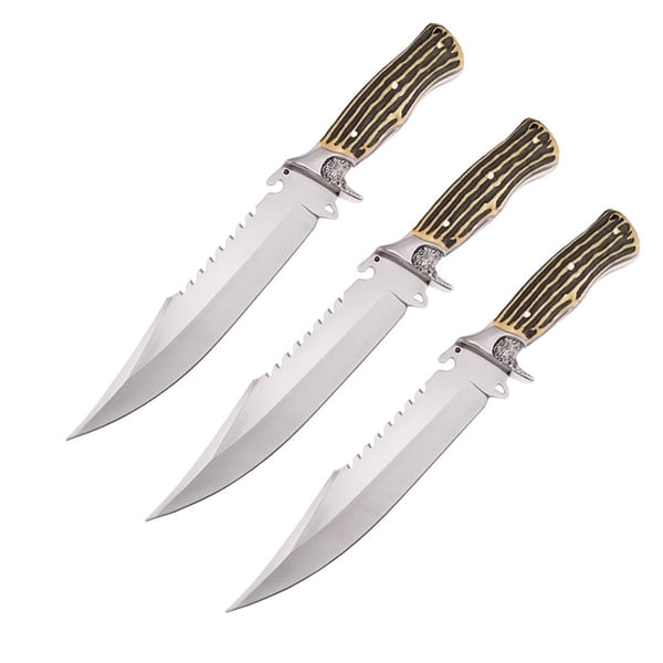 Set trei cutite vanatoare, lama otel zimtata, DEPOX®, 30 cm, teaca inclusa