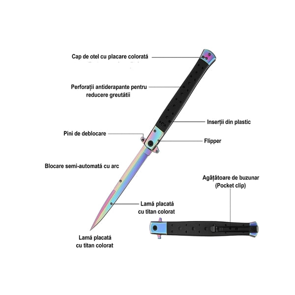 Briceag tip Stiletto, multicolor, deschidere manuala, lungime 33 cm, lama metalica