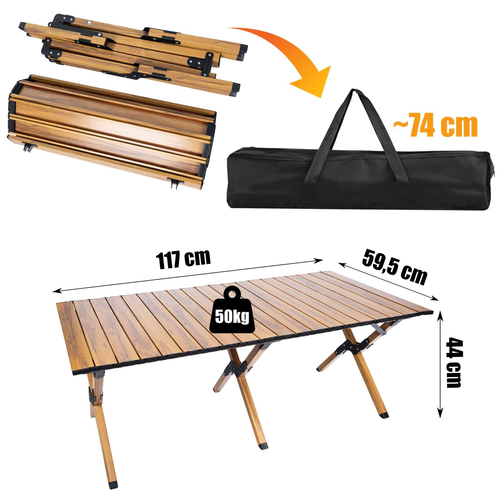 Masa pentru camping cu sistem de pliere rapida, cadru ultra usor din aluminiu, 118x60x45cm, maro — imaginea 6