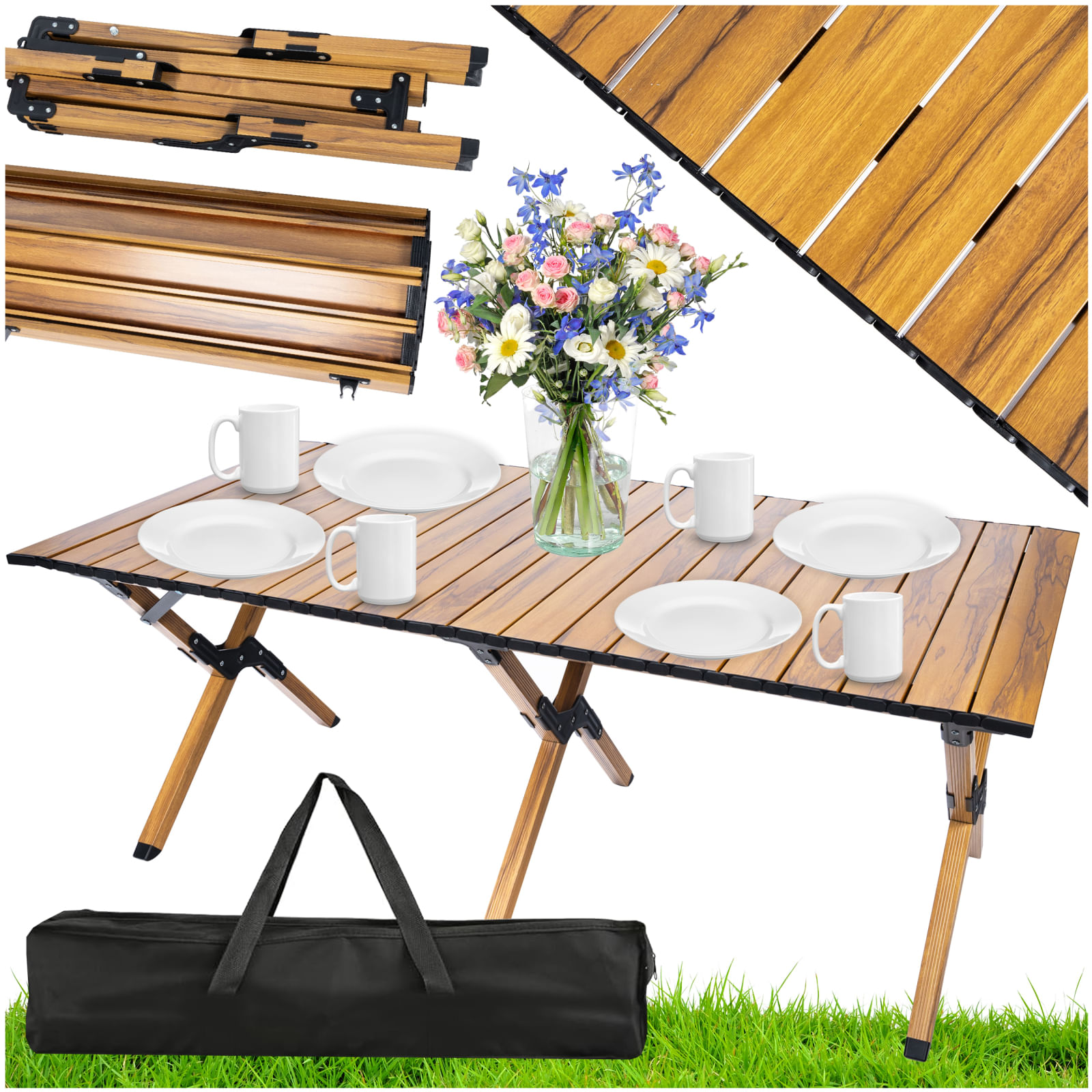 Masa pentru camping cu sistem de pliere rapida, cadru ultra usor din aluminiu, 118x60x45cm, maro — imaginea 8