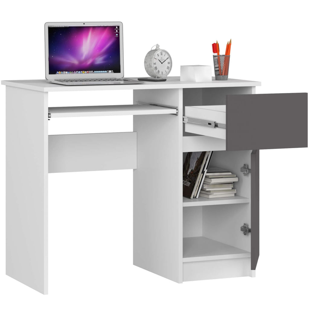 Birou computer PIKSE cu sertar, dulap si polita glisanta pentru tastatura, dreapta, 90x50x77 cm, alb si gri