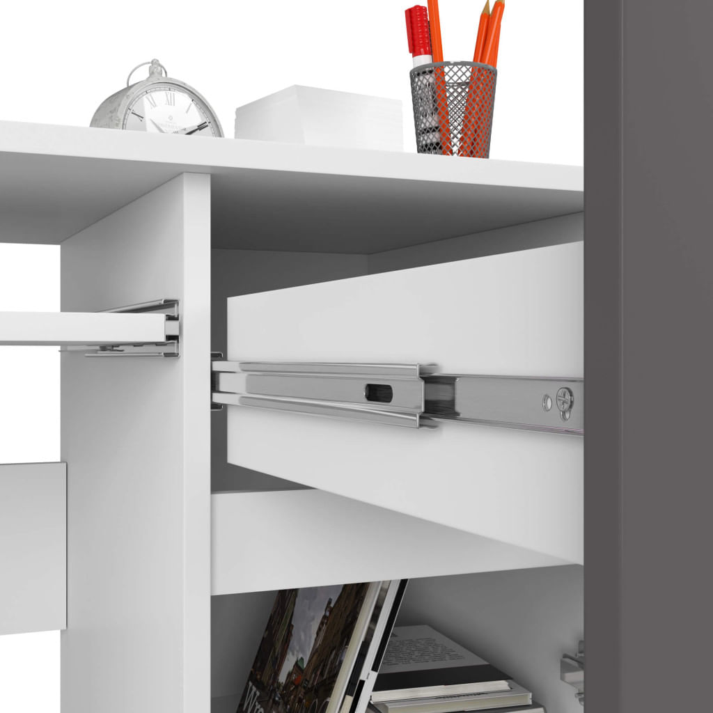Birou computer PIKSE cu sertar, dulap si polita glisanta pentru tastatura, dreapta, 90x50x77 cm, alb si gri — imaginea 2