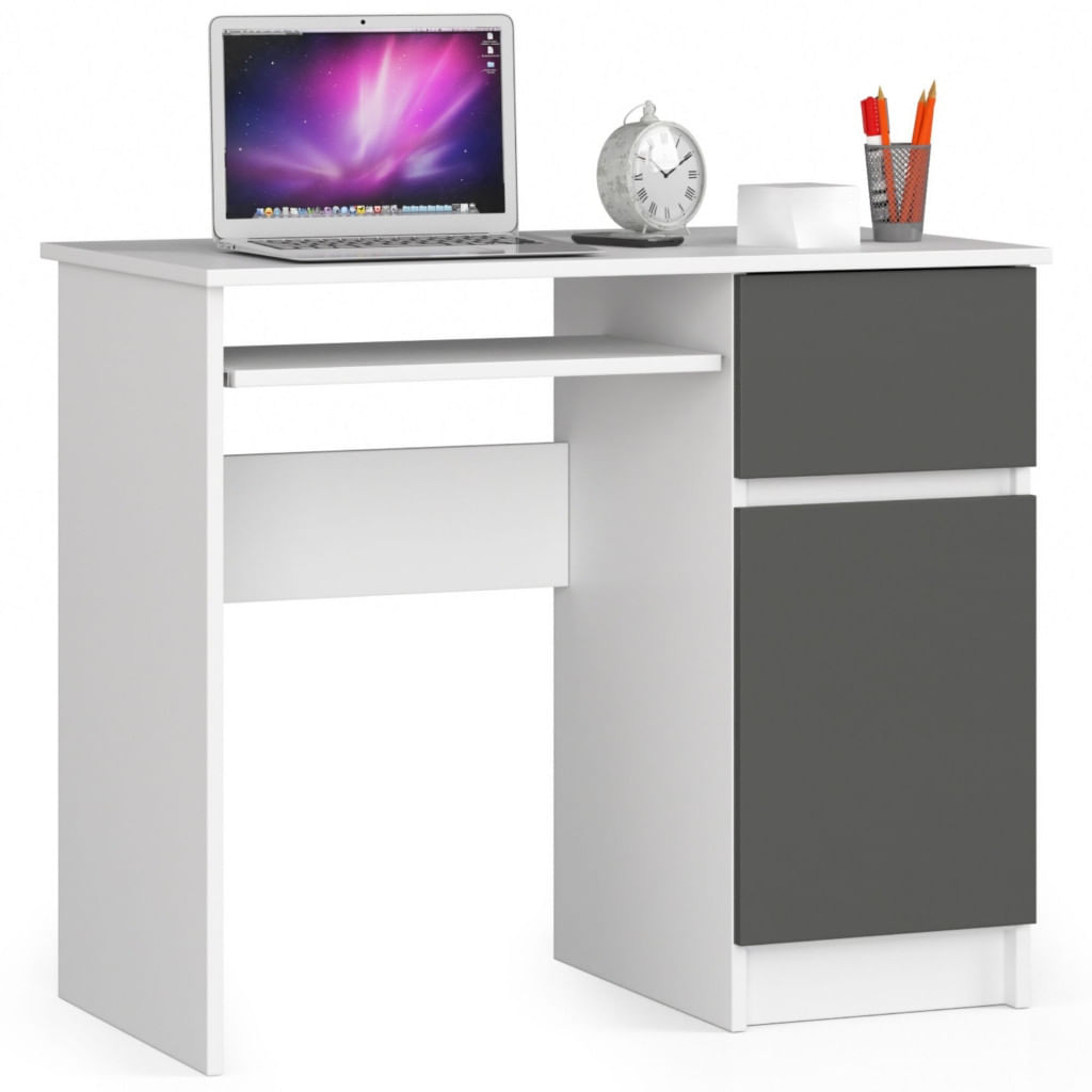 Birou computer PIKSE cu sertar, dulap si polita glisanta pentru tastatura, dreapta, 90x50x77 cm, alb si gri — imaginea 3