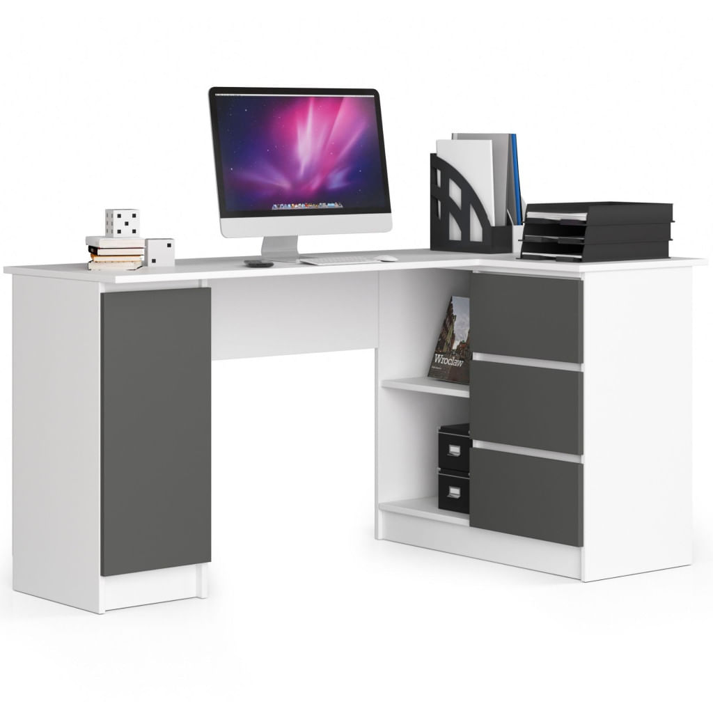 Birou colt dreapta cu 3 sertare si rafturi, 155x85x77 cm, alb si gri — imaginea 3