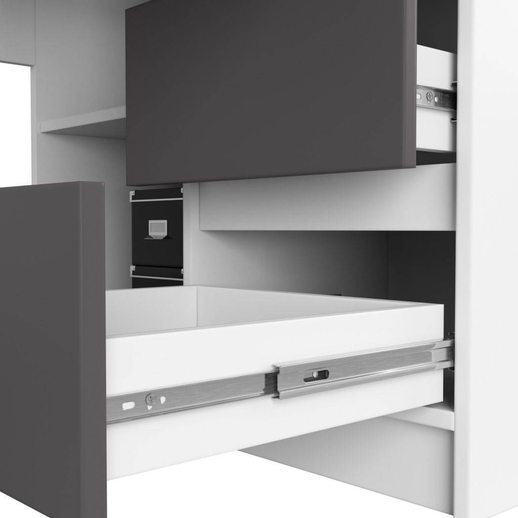 Birou colt dreapta cu 3 sertare si rafturi, 155x85x77 cm, alb si gri — imaginea 5