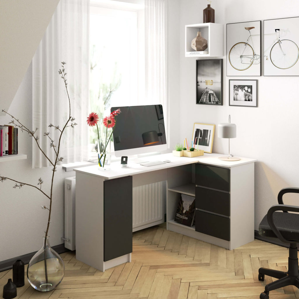 Birou colt dreapta cu 3 sertare si rafturi, 155x85x77 cm, alb si gri — imaginea 6