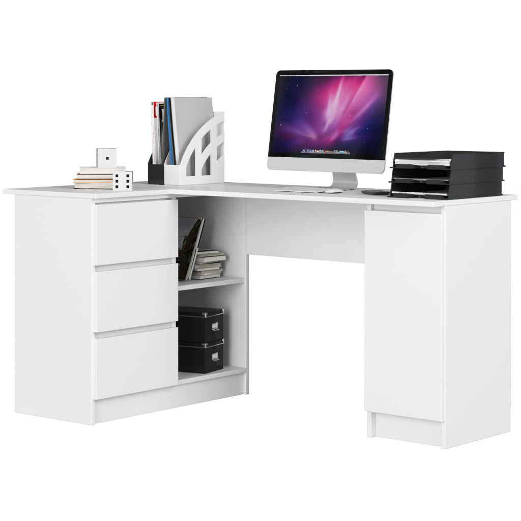 Birou colt stanga cu 3 sertare si rafturi, 155x85x77 cm, alb