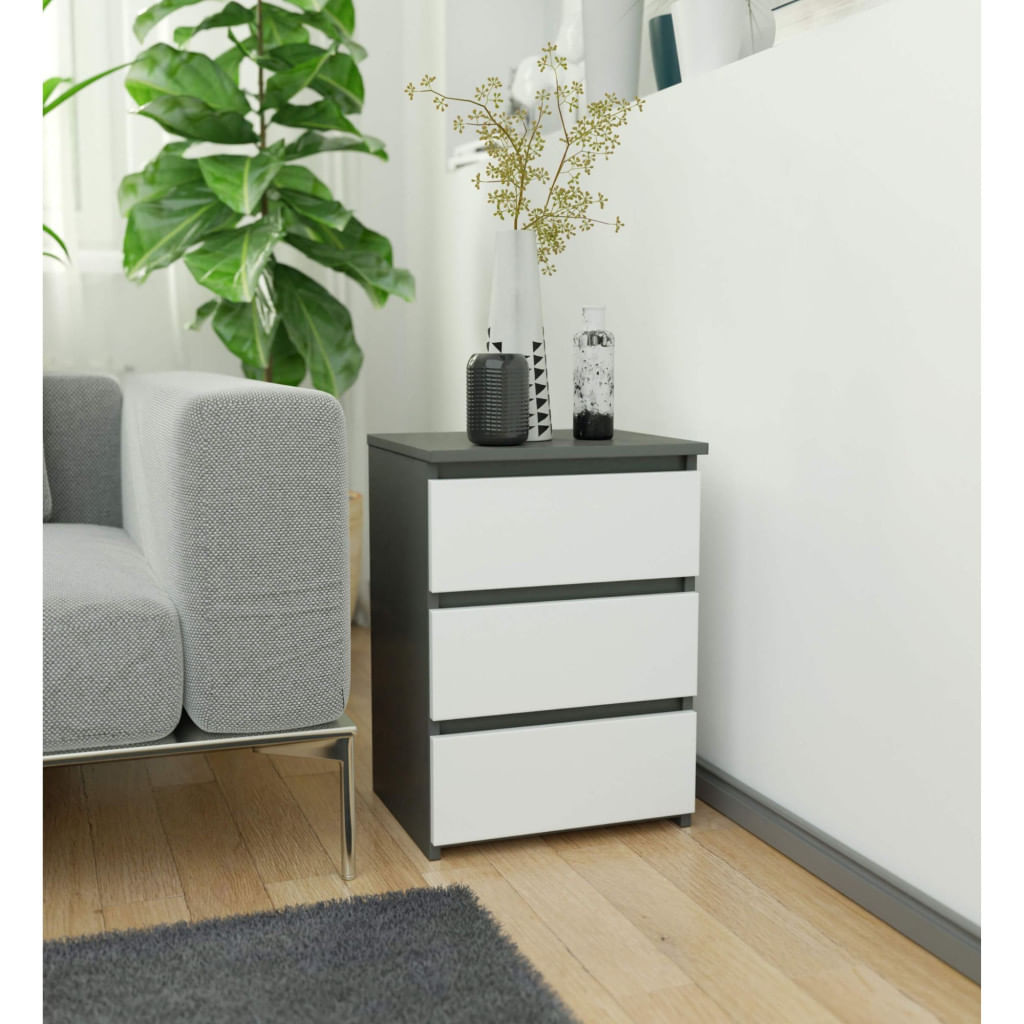 Noptiera cu 3 sertare, PAL laminat, 40x35x57 cm, gri grafit si alb — imaginea 3