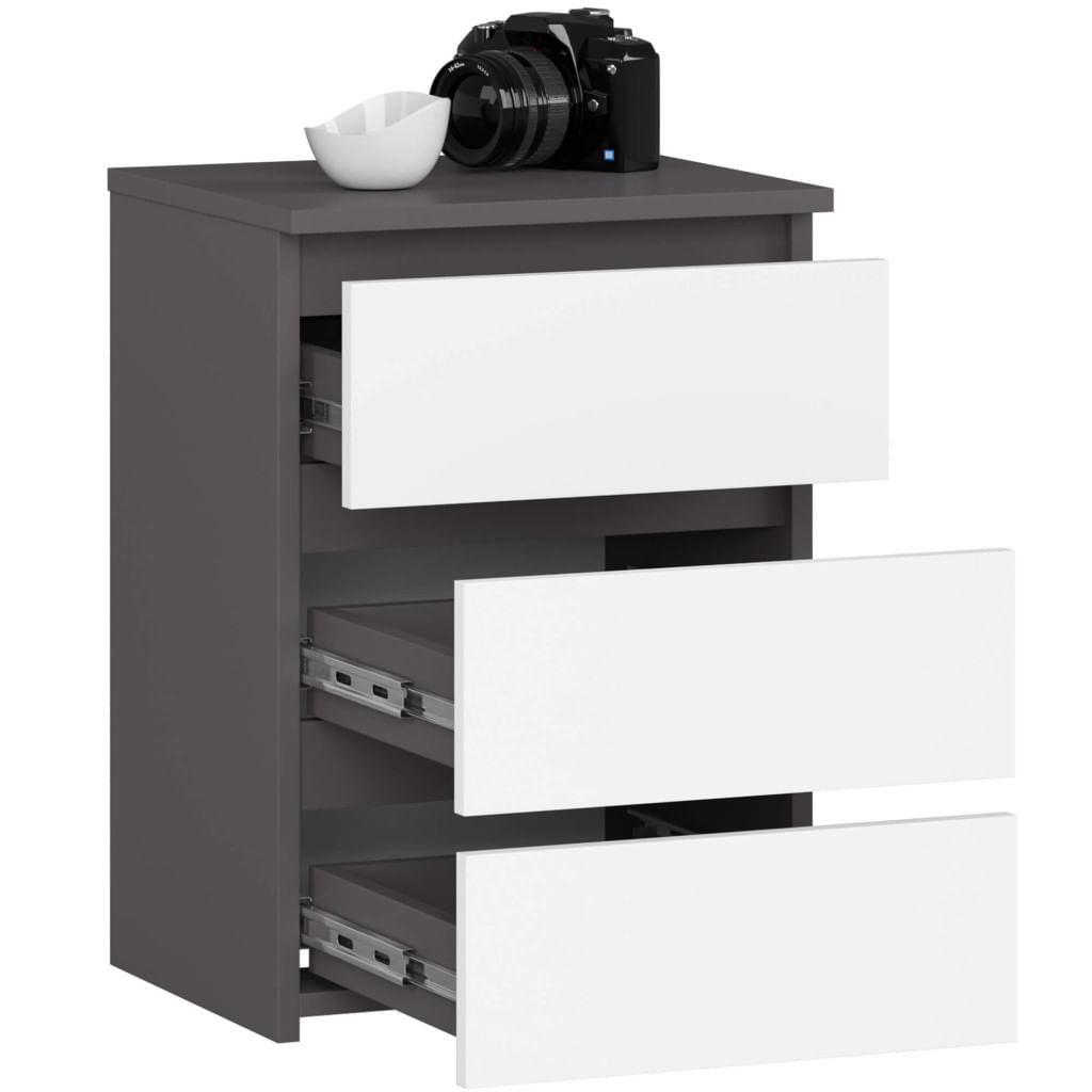 Noptiera cu 3 sertare, PAL laminat, 40x35x57 cm, gri grafit si alb — imaginea 4