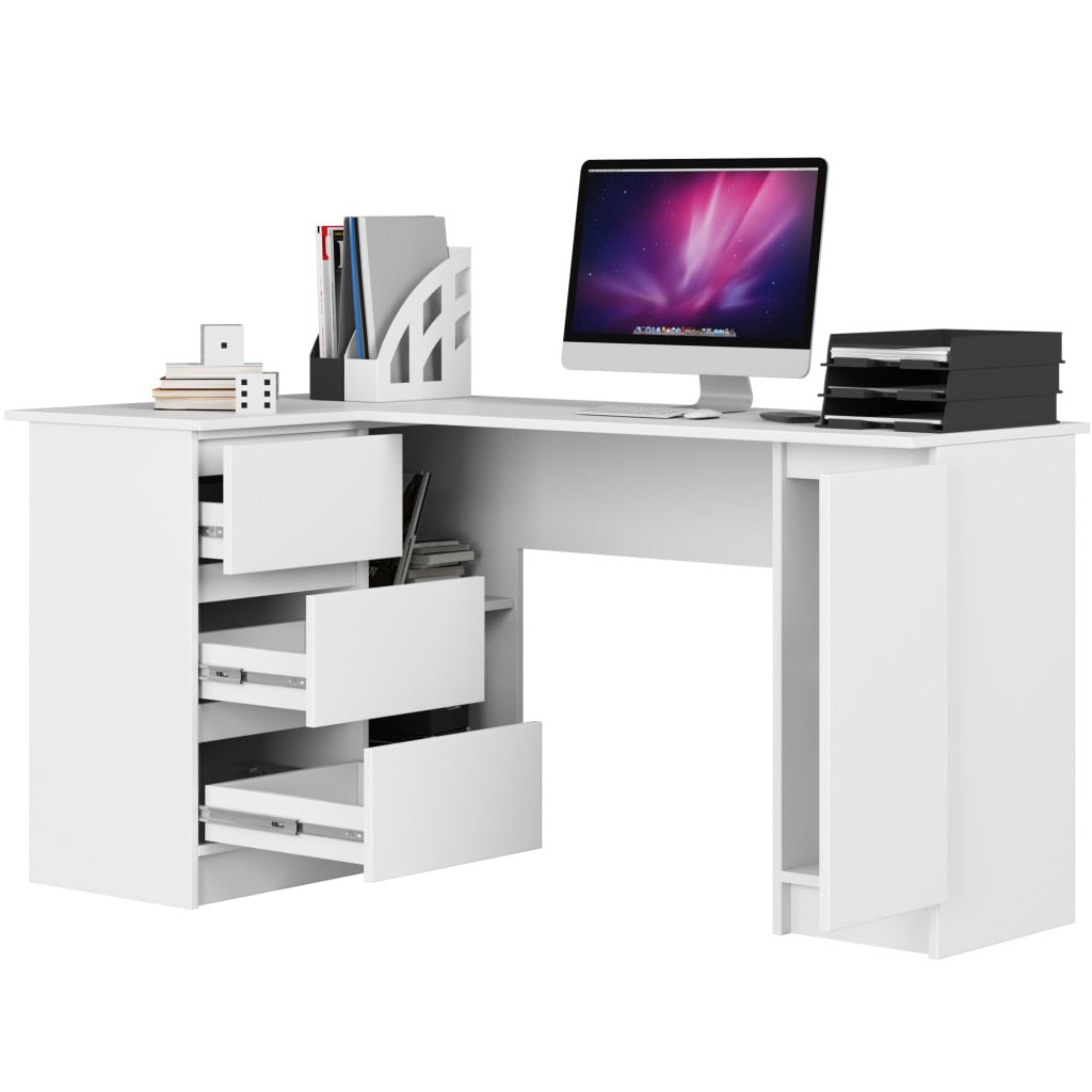 Birou colt stanga cu 3 sertare si rafturi, 155x85x77 cm, alb — imaginea 2