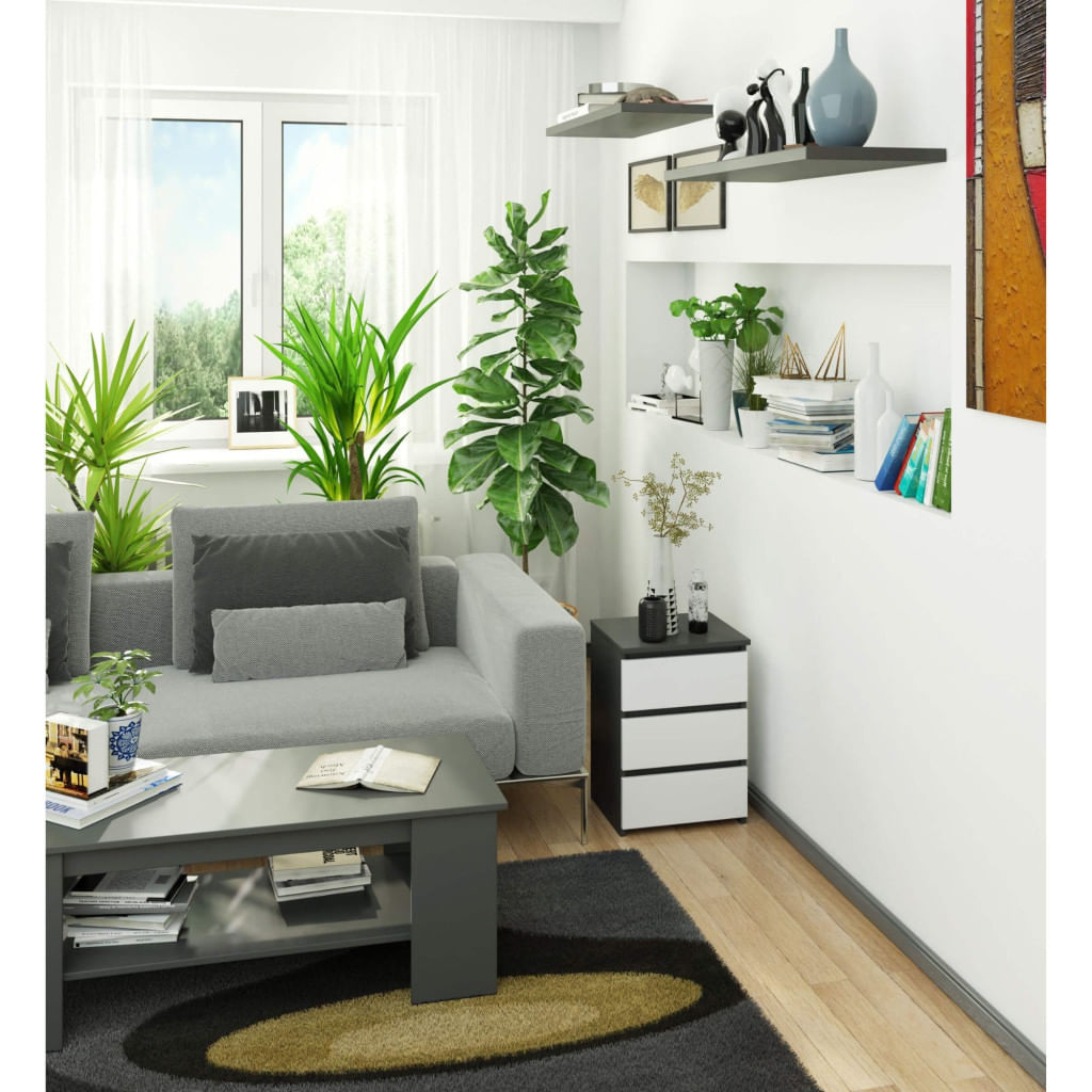 Noptiera cu 3 sertare, PAL laminat, 40x35x57 cm, gri grafit si alb — imaginea 6