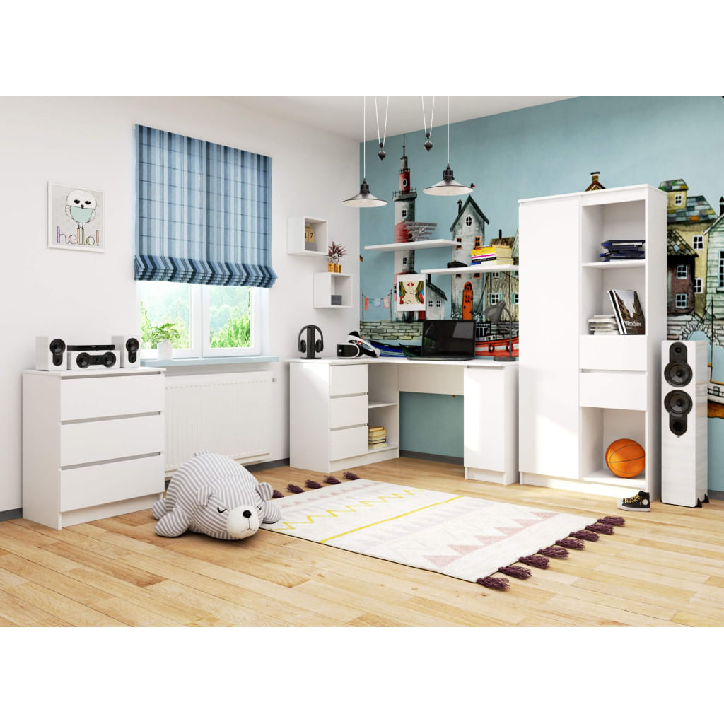 Birou colt stanga cu 3 sertare si rafturi, 155x85x77 cm, alb — imaginea 5