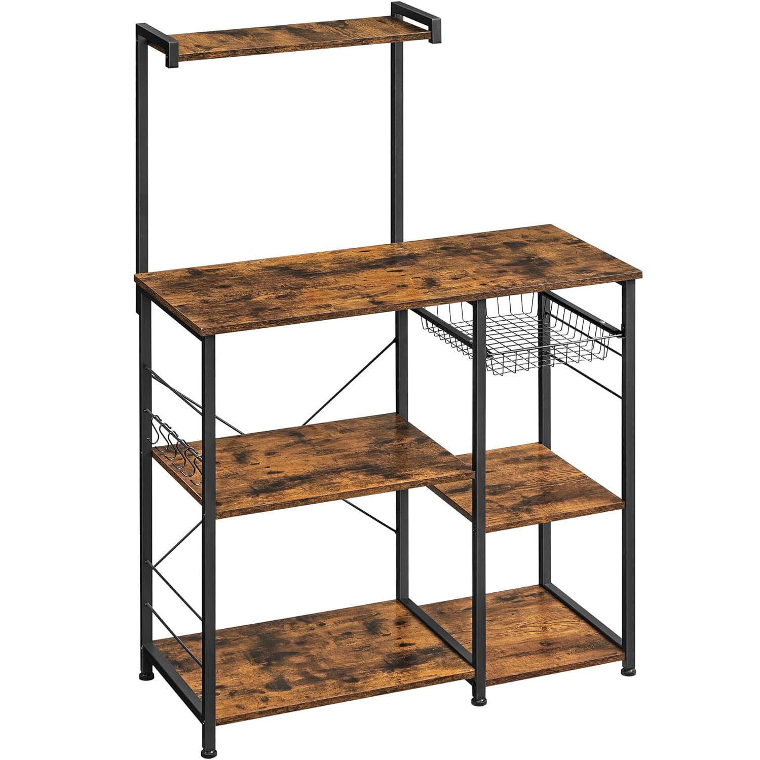 Raft de bucatarie, suport pentru cuptorul cu microunde, cos de sarma, 6 carlige S, 39x90x132cm, maro rustic — imaginea 5
