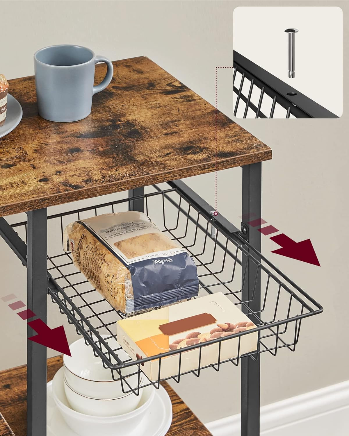 Raft de bucatarie, suport pentru cuptorul cu microunde, cos de sarma, 6 carlige S, 39x90x132cm, maro rustic — imaginea 9