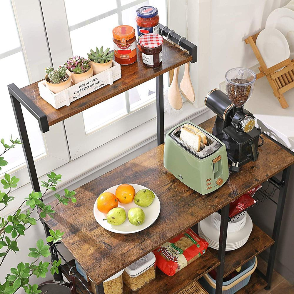 Raft de bucatarie, suport pentru cuptorul cu microunde, cos de sarma, 6 carlige S, 39x90x132cm, maro rustic — imaginea 10