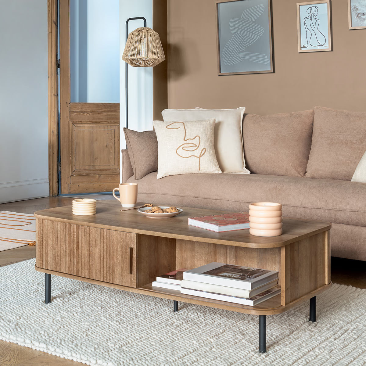 Masuta de cafea Atmosphera Colva cu 2 usi glisante, MDF si otel, 120x60x41 cm, bej — imaginea 3