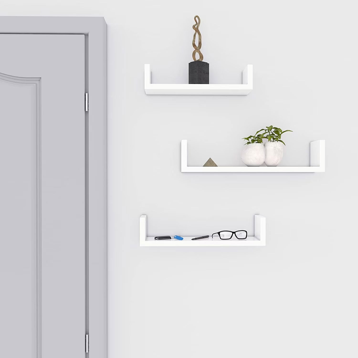 Rafturi plutitoare de perete, set 3 bucati, MDF, 30, 35 si 40 cm, alb — imaginea 3