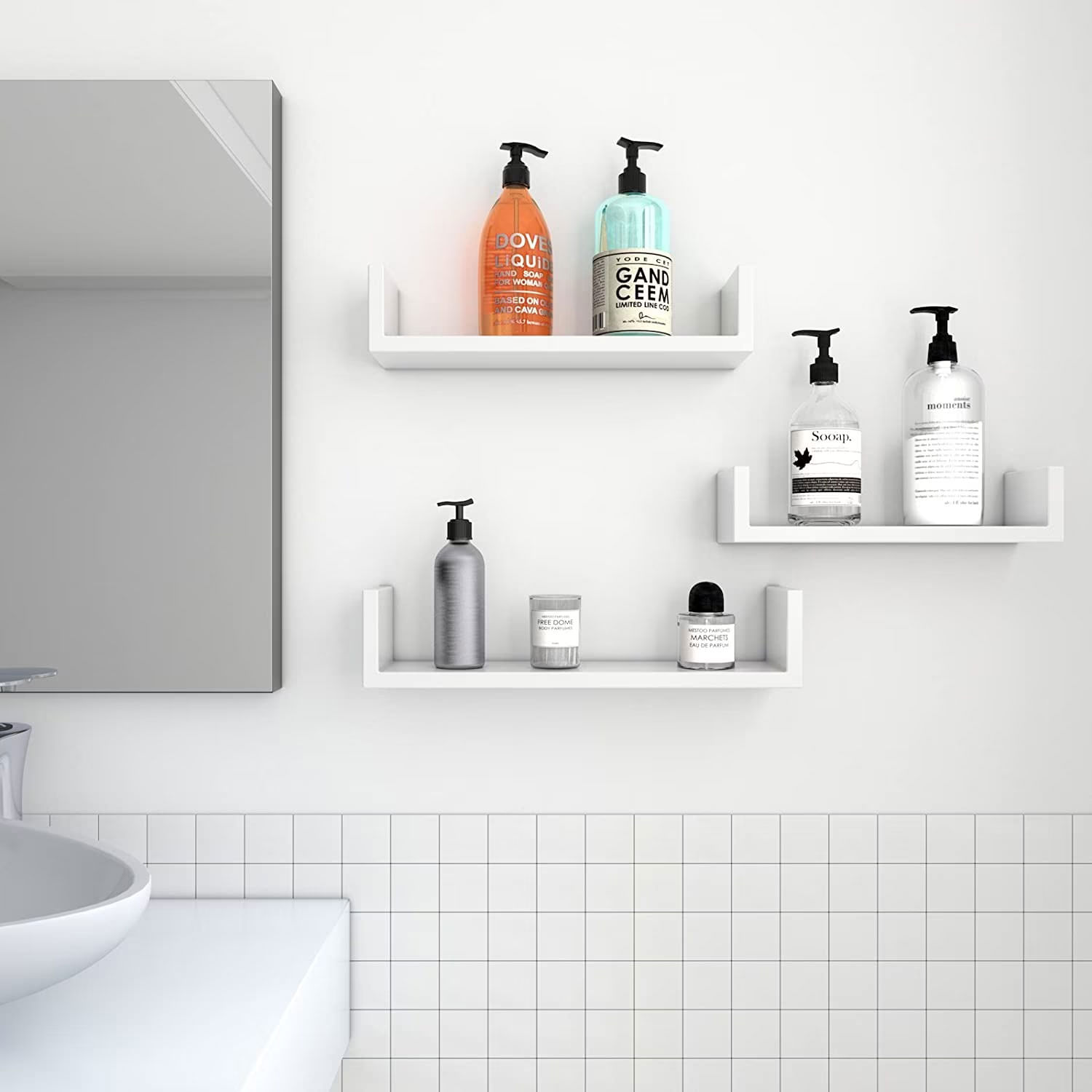 Rafturi plutitoare de perete, set 3 bucati, MDF, 30, 35 si 40 cm, alb — imaginea 6