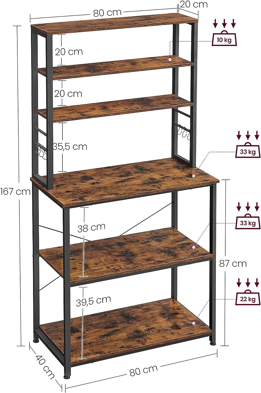 Raft de bucatarie cu spatiu pentru cuptorul cu microunde, 6 rafturi, otel, industrial, 40x80x167cm, maro retro si negru — imaginea 2