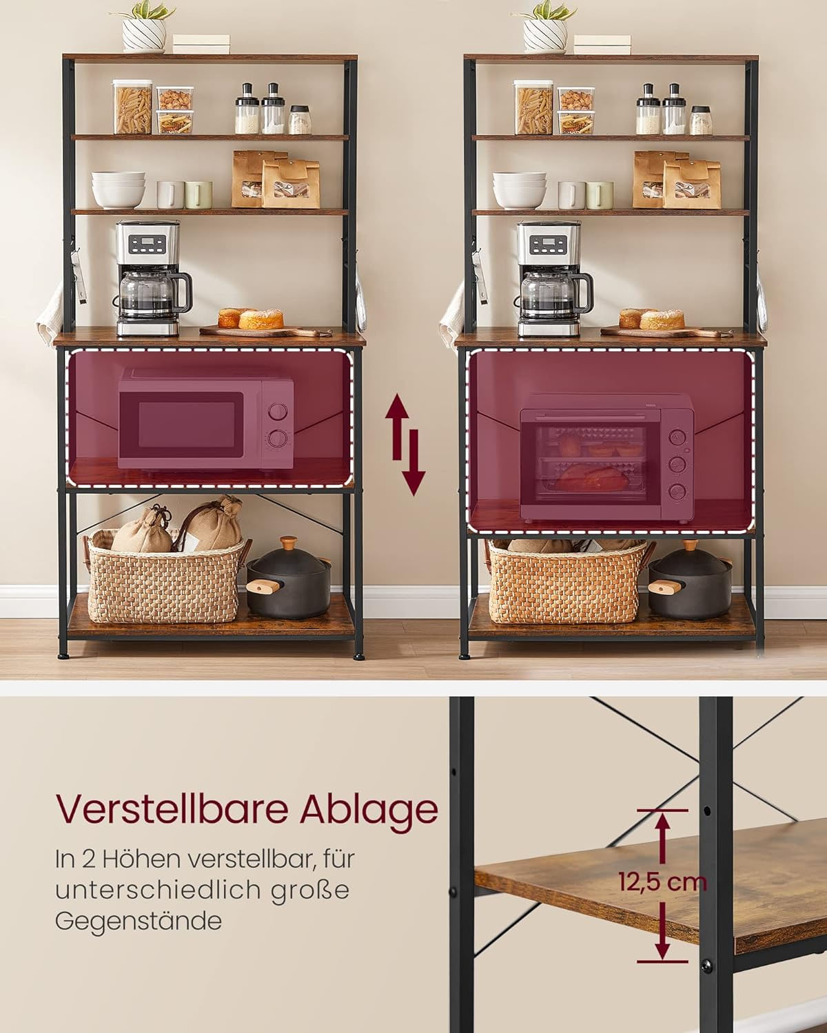 Raft de bucatarie cu spatiu pentru cuptorul cu microunde, 6 rafturi, otel, industrial, 40x80x167cm, maro retro si negru — imaginea 5