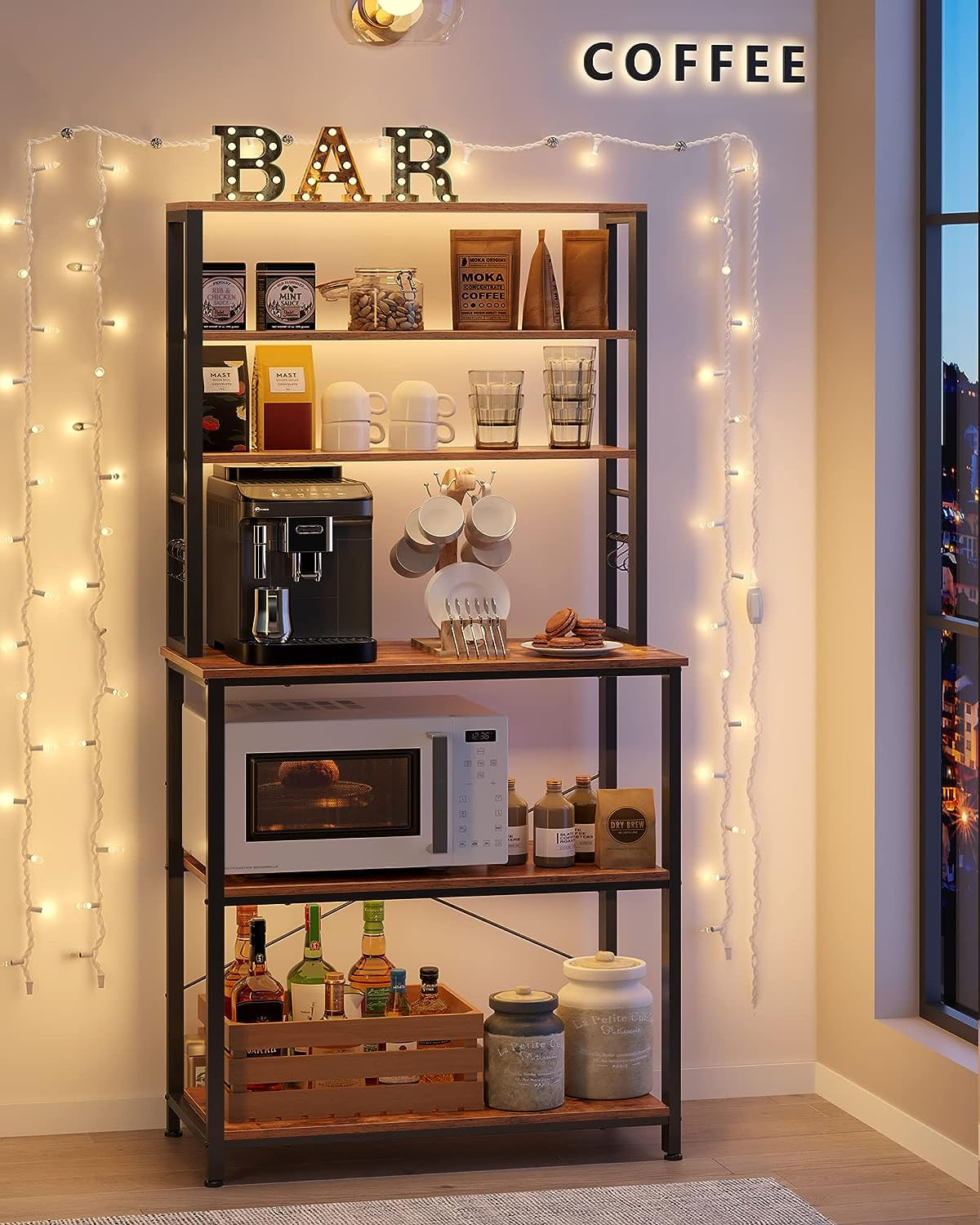Raft de bucatarie cu spatiu pentru cuptorul cu microunde, 6 rafturi, otel, industrial, 40x80x167cm, maro retro si negru — imaginea 6