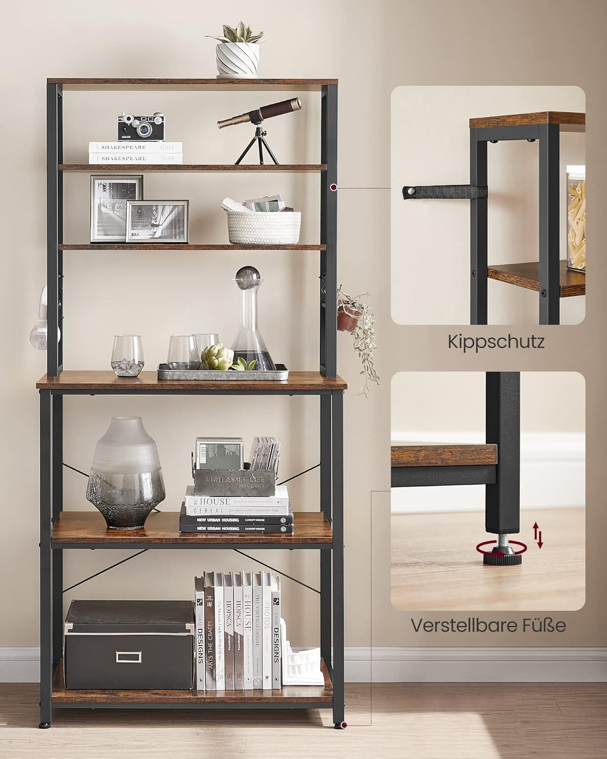 Raft de bucatarie cu spatiu pentru cuptorul cu microunde, 6 rafturi, otel, industrial, 40x80x167cm, maro retro si negru — imaginea 8