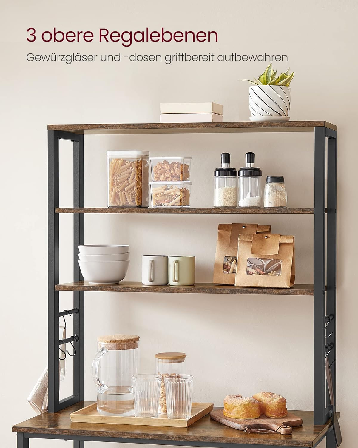 Raft de bucatarie cu spatiu pentru cuptorul cu microunde, 6 rafturi, otel, industrial, 40x80x167cm, maro retro si negru — imaginea 11