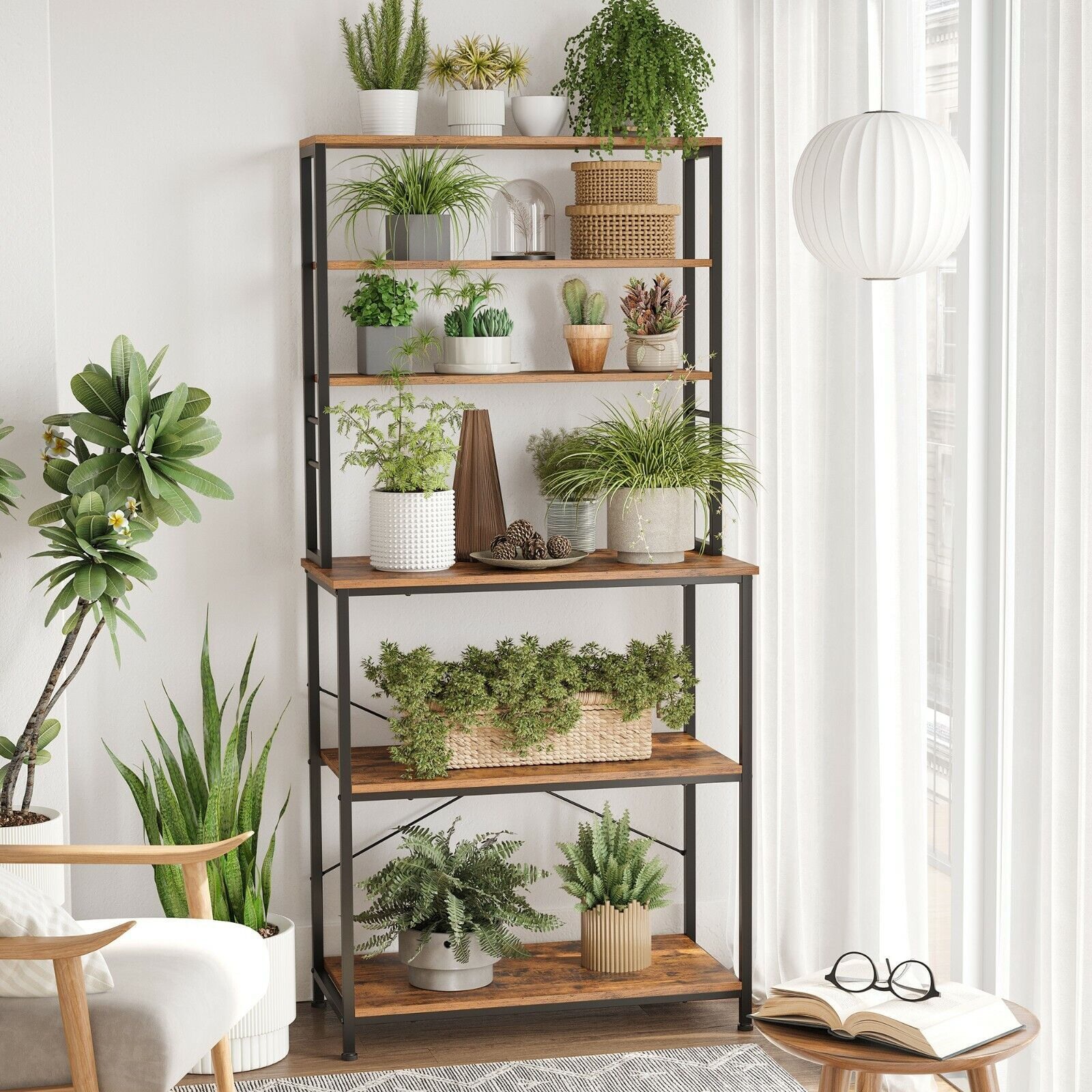 Raft de bucatarie cu spatiu pentru cuptorul cu microunde, 6 rafturi, otel, industrial, 40x80x167cm, maro retro si negru — imaginea 13