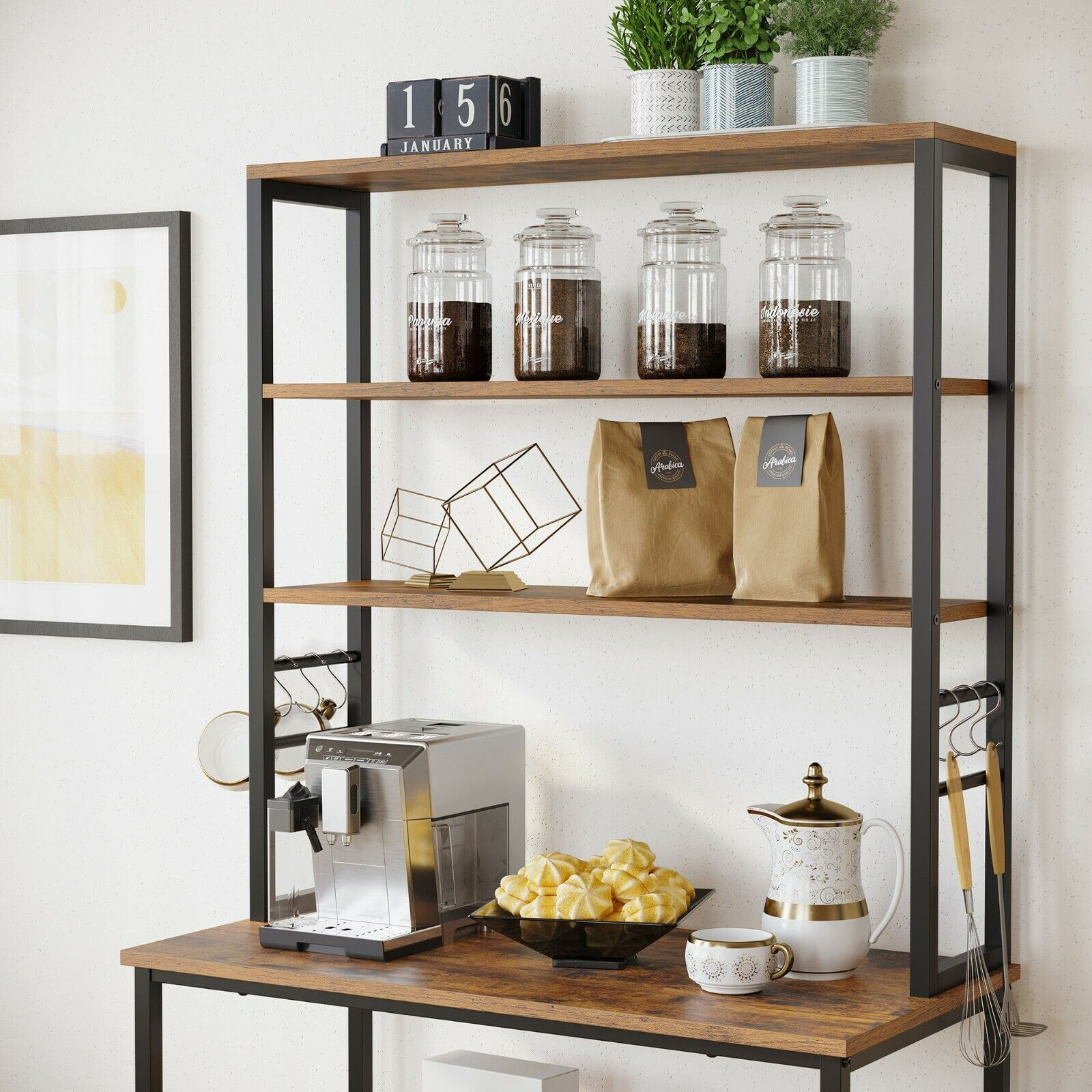 Raft de bucatarie cu spatiu pentru cuptorul cu microunde, 6 rafturi, otel, industrial, 40x80x167cm, maro retro si negru — imaginea 14