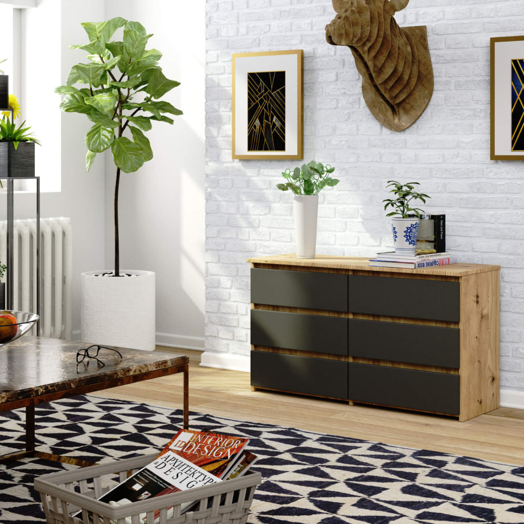 Comoda cu 6 sertare, PAL laminat, 100x35x57 cm, stejar artisan si gri — imaginea 5