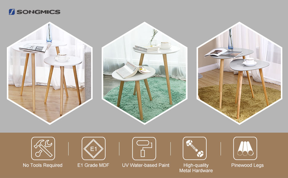 Masa de cafea, set de 2 bucati, picioare din lemn si blat MDF, design minimalist scandinav, 45x50cm si 35x35cm, alb — imaginea 3