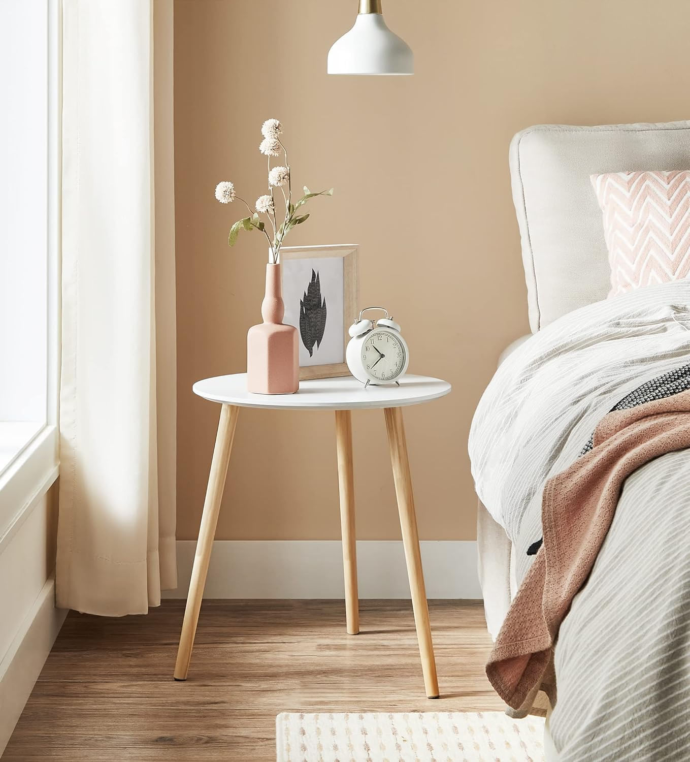 Masa de cafea, set de 2 bucati, picioare din lemn si blat MDF, design minimalist scandinav, 45x50cm si 35x35cm, alb — imaginea 4